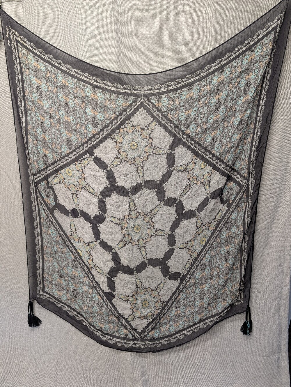 Johnny Was Gray & Light Blue Silk Floral Patterned Decorative Scarf / Wrap
